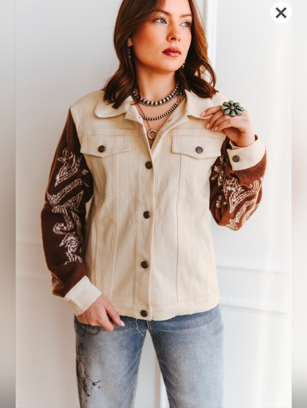 NEW!!! Lucky & Blessed Cream Jacket with Brown Western Patterned Sleeves, NWT
